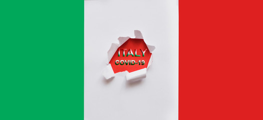  Broken paper with Coronavirus Italy text space. Novel coronavirus 2019-nCoV, MERS-Cov middle East respiratory syndrome coronavirus.Virus Pandemic Protection Concept