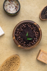 bath accessories as coffee scrub, brush