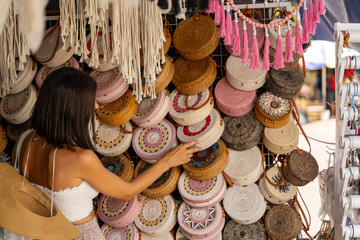 Young female tourist in local market stock photo