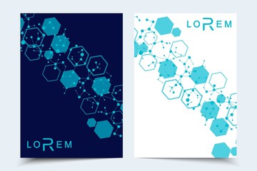 Vector templates for brochure magazine leaflet flyer cover booklet annual report. Modern futuristic hexagonal pattern with particle, molecule structure for medical, technology, chemistry, science.