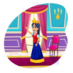 Charming Young Woman, Tiny Brunette Wearing Golden Crown, Royal Person, Princess or Queen, Smiling Cheerful and Friendly, Welcoming Guests in Monarch Chamber. Cute Cartoon Character.