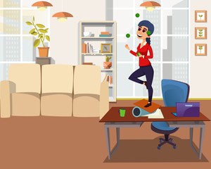 Metaphor Cartoon with Circus Woman Worker Performing in Office. Rest, Fun, Recreation. Creative Working Process. Businesswoman and Marketing Trick, Management Skills. Vector Flat Illustration