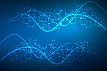 Structure molecule and communication. Dna, atom, neurons. Scientific concept for your design. Connected lines with dots. Medical, technology, chemistry, science background. Vector illustration.