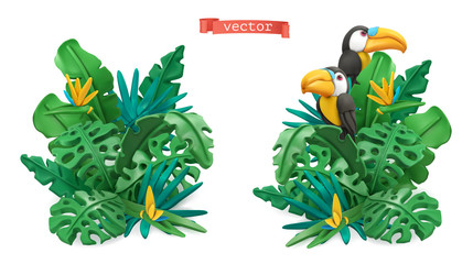 Tropical leaves design. Plasticine art illustration. 3d vector objects © Natis