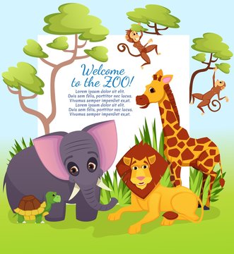 Cute African Animals Welcome to Zoo on Nature Background with Trees. Elephant, Lion King, Giraffe, Monkeys Turtle Living Together in Safari Park. Cartoon Flat Vector Illustration, Banner, Invitation