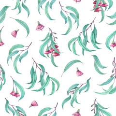 Fototapeta na wymiar Beautiful watercolor seamless pattern with eucalyptus branches on a white background for the design and decoration of cards, cards and invitations, for the production of paper and fabric.