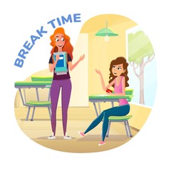 Advertising Poster, Girls at Break Time in Class. Two Cute Girlfriends Lively and Fun Talking in Class. One Sit, Eating Apple, and Second Hold Notebooks. Outside Window Sun and Tree.