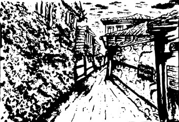 Bulgaria, Nessebar. Panorama, sketch of old streets. monochrome sketch of the city, doodling drawn by hand. vector collage, sketch for advertising.