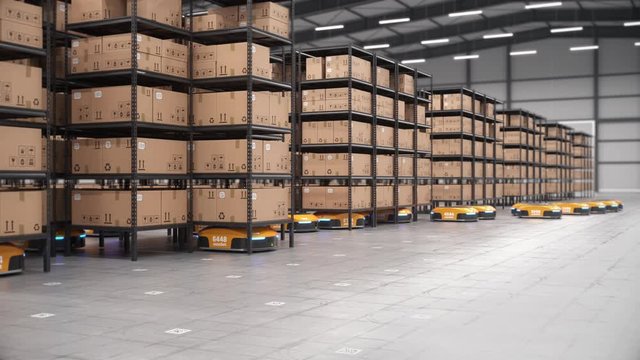 Row of autonomous robots start moving shelves with cardboard boxes in automated warehouse. &frac34; tracking shot. Automated warehouse of the future concept. Realistic high quality 3d rendering animation.