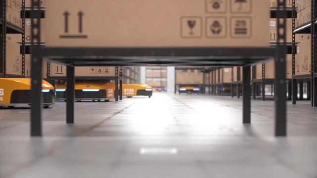 Autonomous robot lifts shelf and moves it off screen in automated warehouse. Seamless looping close-up shot. Automated warehouse of the future concept. Realistic high quality 3d rendering animation.
