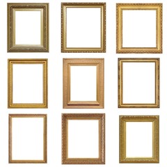 Set of golden frames for paintings, mirrors or photo isolated on white background