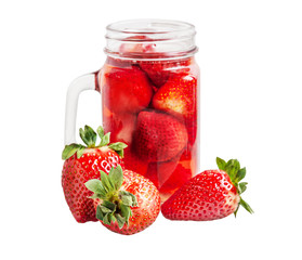 jar with srawberry drink isolated on white