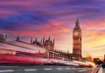 Printed kitchen splashbacks London red bus Big Ben with red bus against colorful sunset in London, England, UK