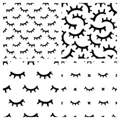 Set of seamless patterns with eyelashes isolated on white backgrounds. Cute lashes vector wallpapers.	
