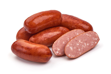 Smoked sausages for grill, isolated on white background