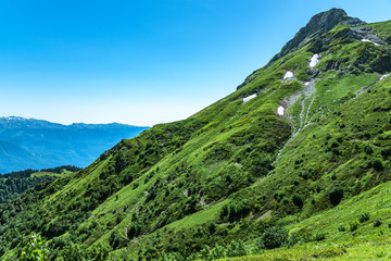 Fototapeta na wymiar High mountain with green slope.