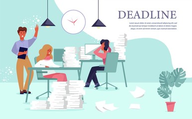 Stressed Office Workers with Paper Documents Piles Sitting at Computers and Angry Boss Announcing Burning Deadline. Flat Cartoon Poster with Text. Ineffective Time Management. Vector Illustration