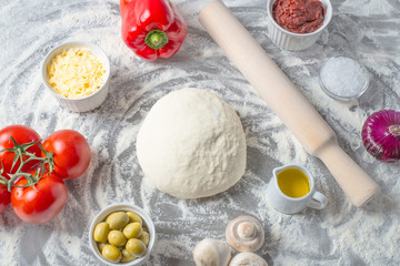 Ingredients for making neapolitan pizza. Prepare Italian pizza raw dough 