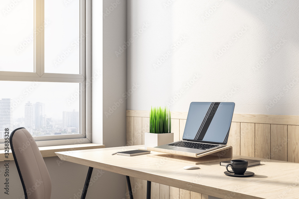 Poster minimalistic office with laptop with blank screen on table.