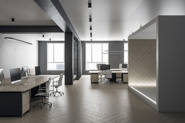 Futuristic grey coworking office interior