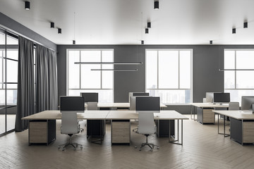 Futuristic grey coworking office interior with equipment