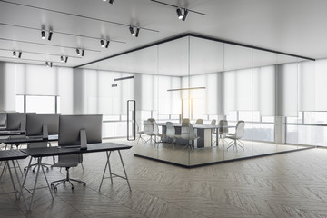 Coworking office interior with city view