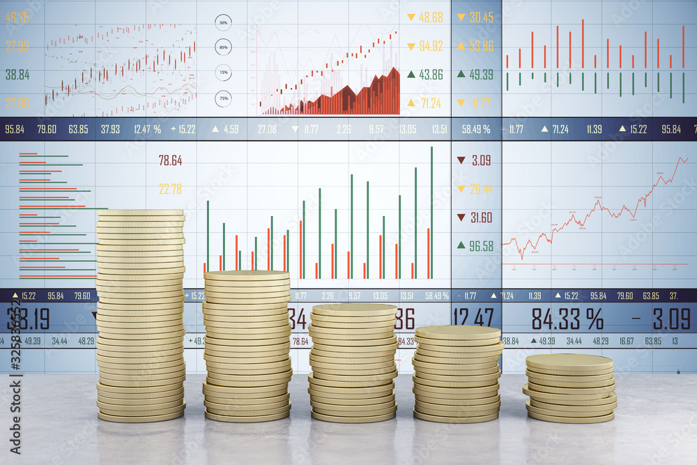 Poster gold coin piles with digital chart interface