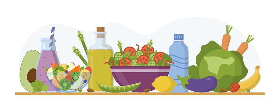 Alkaline diet concept. Alkaline food and drinks on the table. Flat design. Vector illustration.