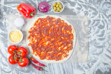 Ingredients for making neapolitan pizza. Prepare Italian pizza raw dough 