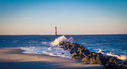 break water and lighthouse in Folly beach