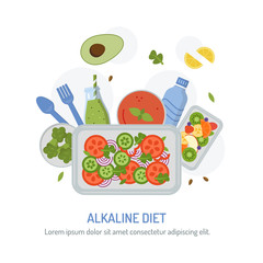 Alkaline diet emblem. Meal planning menu for the day. The food in the containers with text area. Flat vector illustration.