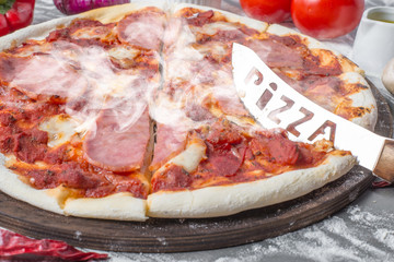 Hands prepare of neapolitan pizza, Ingredients for making neapolitan pizza. 