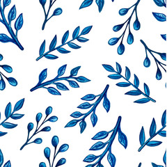 Obraz premium Set of watercolor drawing herbs, branches and flowers illustration. Floral botanical seamless pattern