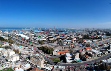 Fototapeta premium Areal photo of downtown Haifa and the port 
