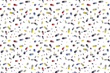 Seamless pattern from multi colored drugs or pills of differnet sizes in chaotic order. 3d illustration. Print for package paper or fabric.