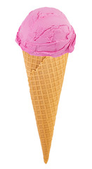 strawberry  ice cream in the cone on white background with clipping path