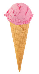 raspberry ice cream in the cone on white background with clipping path