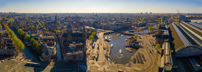 Amsterdam skyline in historical area, Amsterdam, Netherlands. Ariel view of Amsterdam. Landscape...