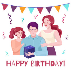 Happy birthday vector card concept with text space. Family congratulates dad.