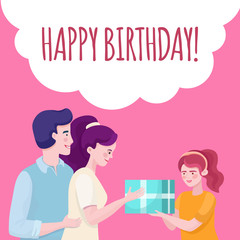 Happy birthday banner design template. Family congratulating daughter vector flat illustration.