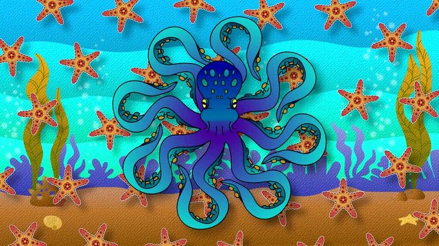 The drawn octopus rotates its tentacles in a close-up on the background of the seabed with sand, algae and starfish floating horizontally.