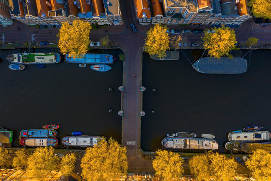 Amsterdam skyline in historical area, Amsterdam, Netherlands. Ariel view of Amsterdam. Landscape and nature travel, or historical building and sightseeing concept.