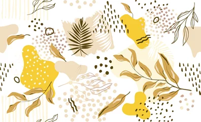 Behang Tropische bladerprint Naadloze exotische patroon met tropische planten en gouden elementen. Vector