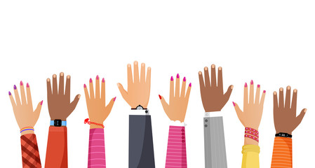 Hands of different skin color and diverse races people rising up vector flat illustration.