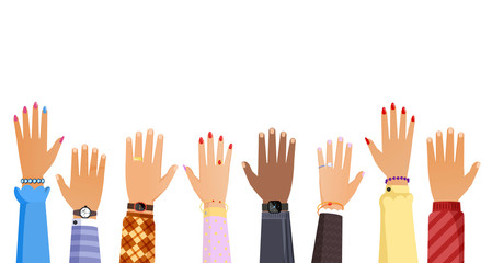 Different people hands rising up vector illustration. Teamwork, election, voting or education concept.