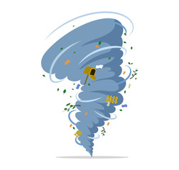 Twisting tornado vector flat illustration. Natural disaster, hurricane or storm, cataclysm and catastrophe. - obrazy, fototapety, plakaty