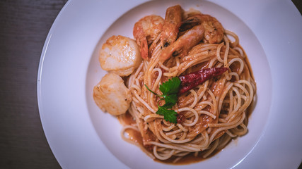 Spicy Seafood Spaghetti With Ketchup Sauce