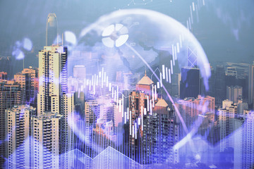 Forex chart on cityscape with skyscrapers wallpaper double exposure. Financial research concept.