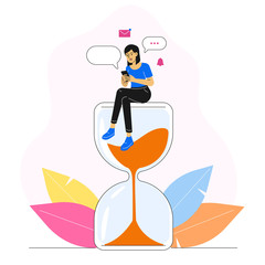 Happy woman or girl sitting on a huge hourglass and using own smartphone spending time in social. Social media addiction. Texting and chatting. Bubbles. Vector character illustration