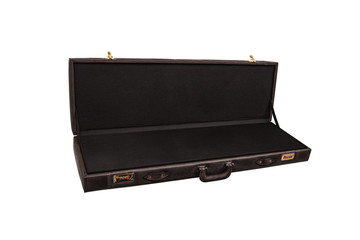 luxury brown leather case with gold-plated combination locks isolated on white background. Suitcase for weapons or musical instruments.